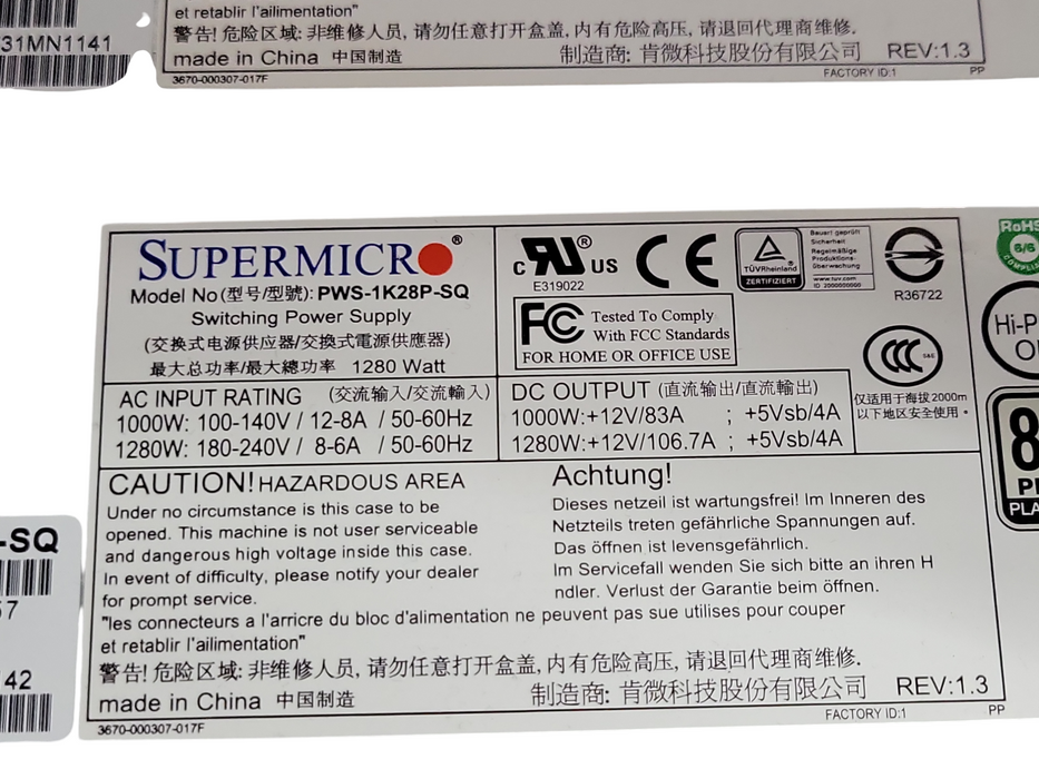 Lot of 2x Supermicro PWS-1K28P-SQ 1280w 80 Plus Platinum Power Supplies _