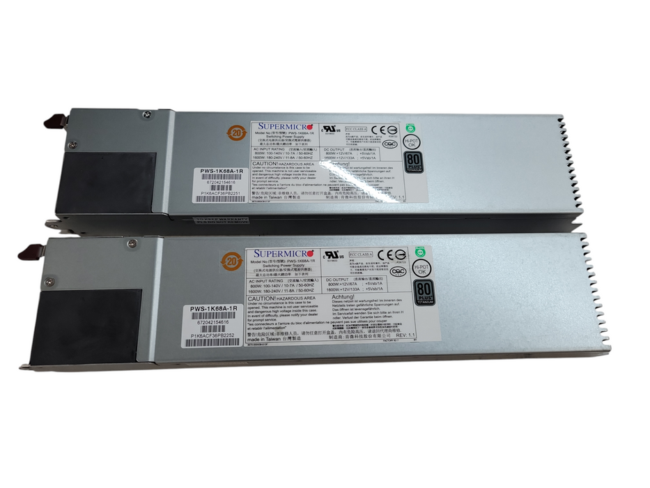 Lot of 2x - Supermicro PWS-1K68A-1R 800W/100-140V 1600W/180-240V PSU %
