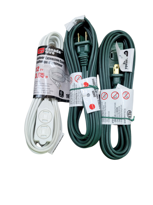 LOT of 3x Indoor Extension Cord 12ft - 3 outlet - 16 Gauge