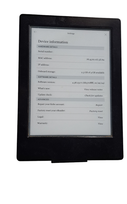 Kobo Aura H2O 4GB e-Reader, Wi-Fi, 6.8in - Black N250