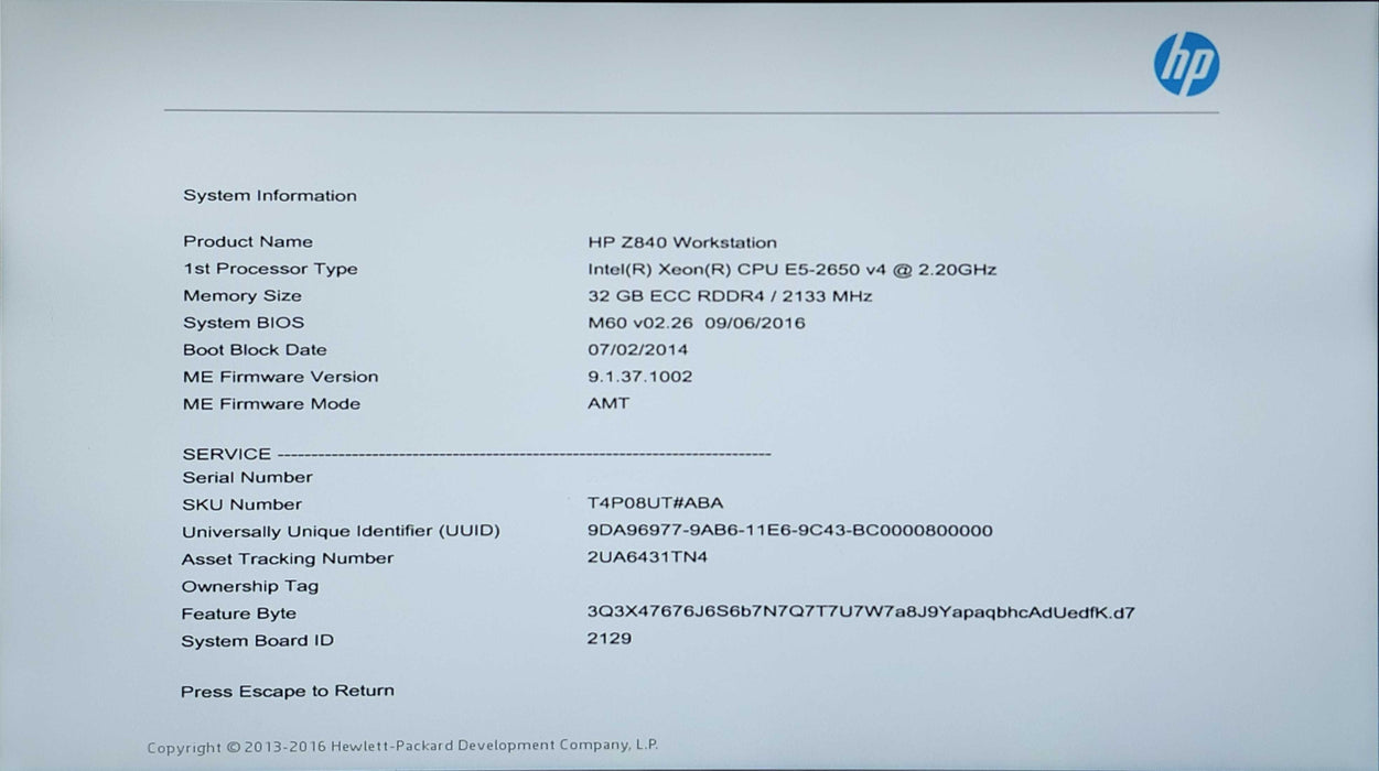 HP Z840 Workstation, Zeon E5-2650v4, 32GB DDR4, M4000, No HDD