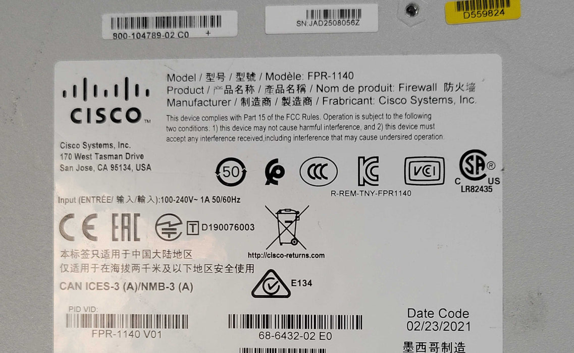 Cisco Firepower FPR-1140 Firewall 8 Port Gigabit 4 SFP 1G with FPR1K-SSD200 _