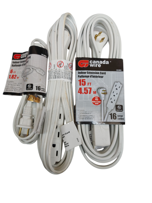 LOT 3x Indoor Extension Cords – 3-Outlets – 6ft / 10ft / 15ft – 16 Gauge