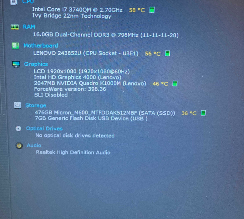 Lenovo ThinkPad W530 i7-3740QM@2.7 QUADRO K1000M 2GB GPU 16GB RAM 512GB SSD  Lap200