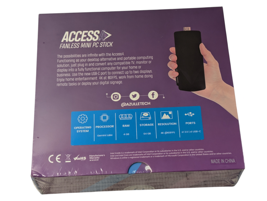 AZULLE Access 4 Fanless mini PC Stick 4GB RAM 64GB Storage Gemini Lake CPU Q-