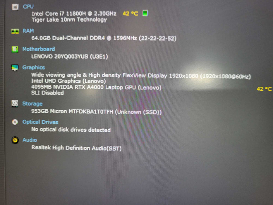 Lenovo P15 Gen 2 i7-11850H 64GB RAM 1TB SSD RTX A4000 GPU READ  $ Lap200