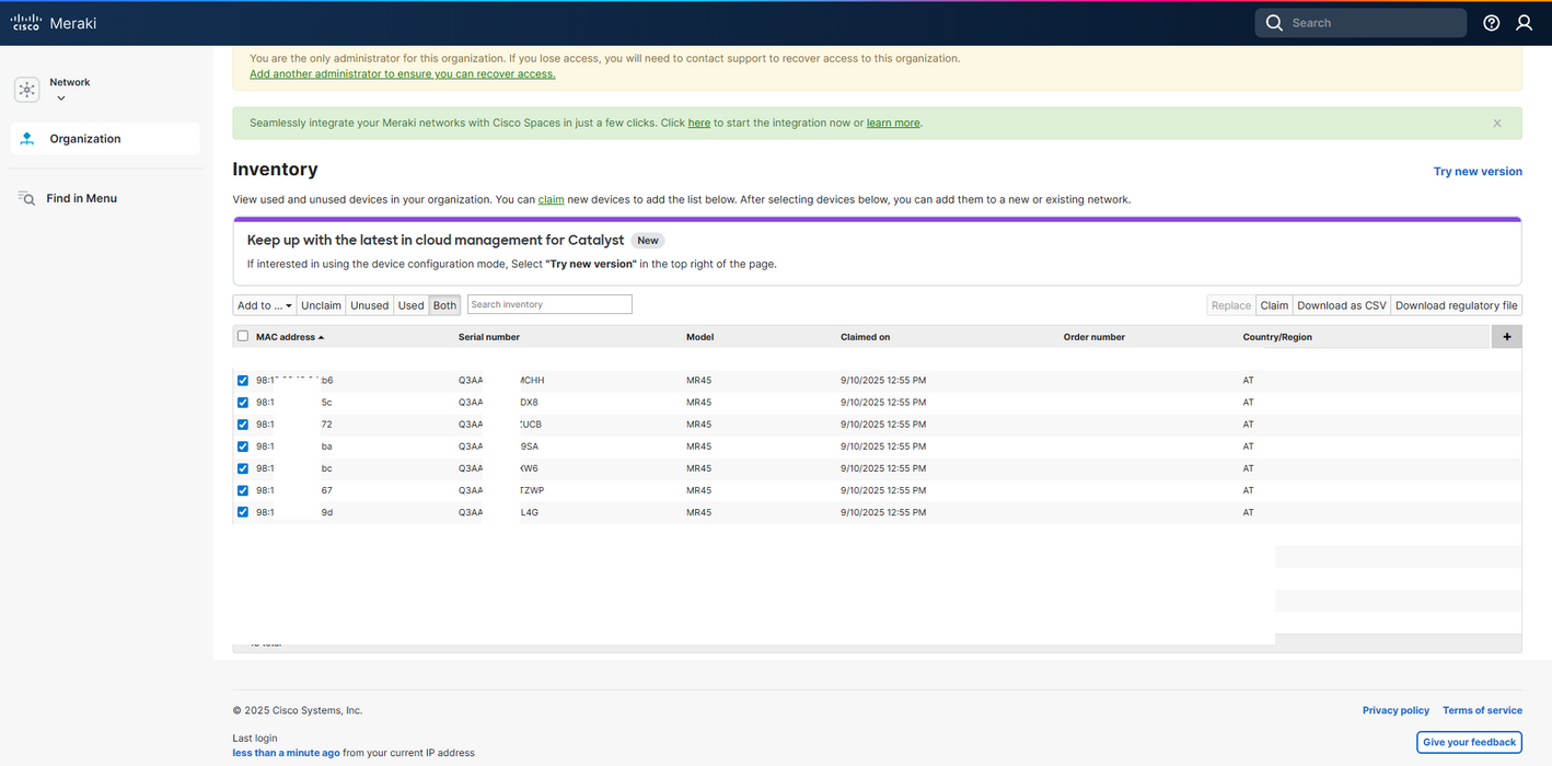 Cisco Meraki MR45-HW Quad-Radio 802.11ax (Wifi 6) Unclaimed WAP w/ Mount Q$