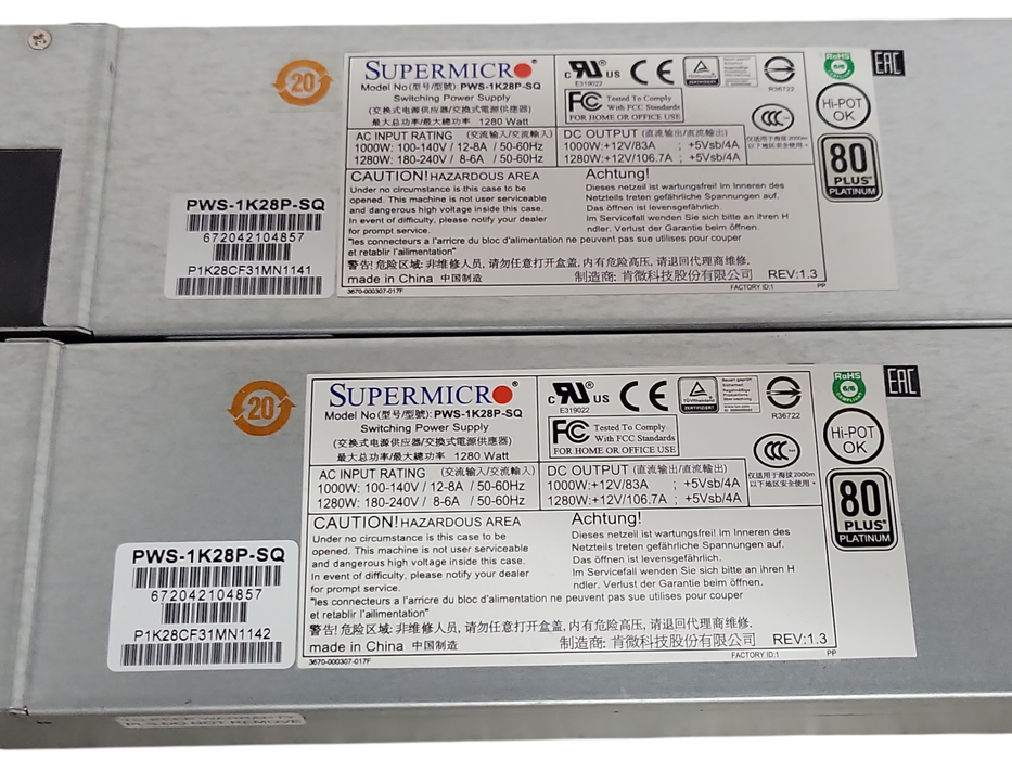 Lot of 2x Supermicro PWS-1K28P-SQ 1280w 80 Plus Platinum Power Supplies _