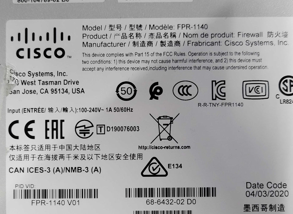 Cisco FPR-1140 Firewall 8 Port Gigabit 4 SFP 1G with FPR1K-SSD200, READ _