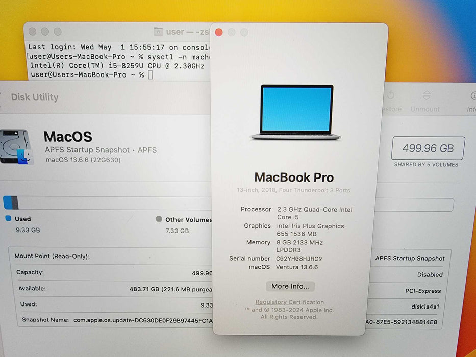 Apple Macbook Pro 2018 13" 4-Core i5-8259U @ 2.3GHz 8GB DDR3 500GB SSD (