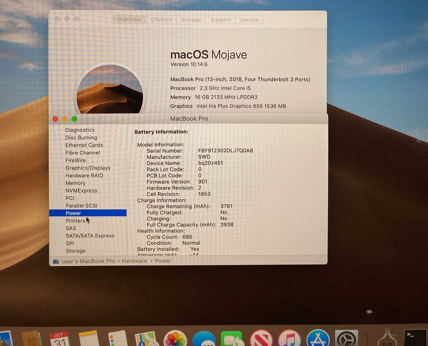 Apple MacBook Pro 13 2018 i5-8259U 16GB RAM 512GB SSD No Power Adapter READ