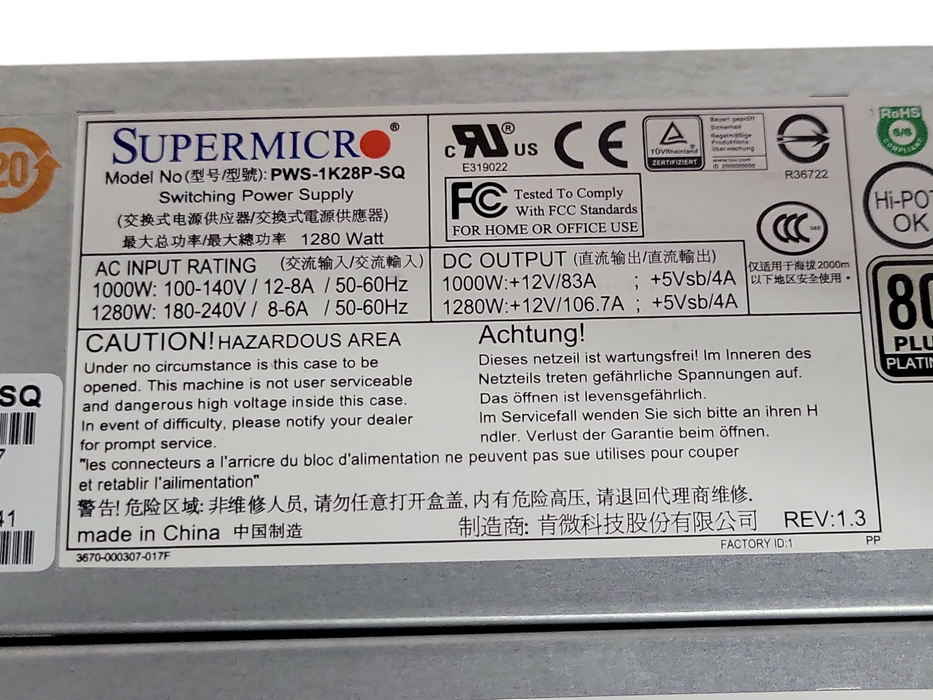 Lot of 2x Supermicro PWS-1K28P-SQ 1280w 80 Plus Platinum Power Supplies _
