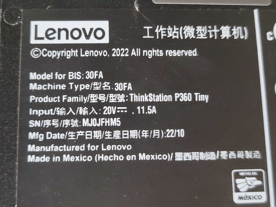 Lenovo ThinkStation P360 Tiny i5-12500T 16GB RAM 256GB NVMe, T400 4GB GPU _