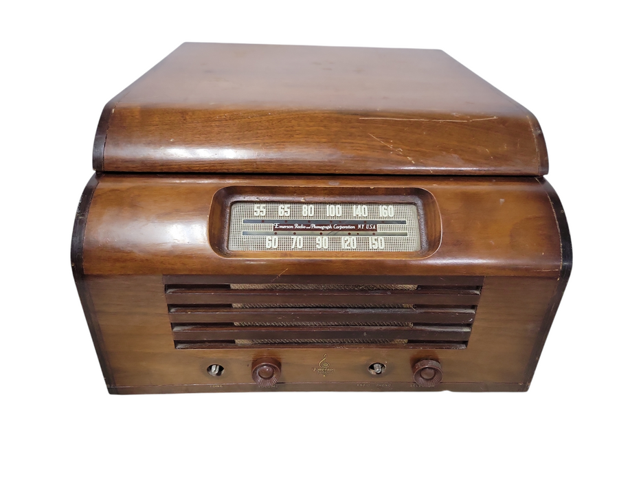 vintage Emerson Radio WOOD TABLE Radio, READ _