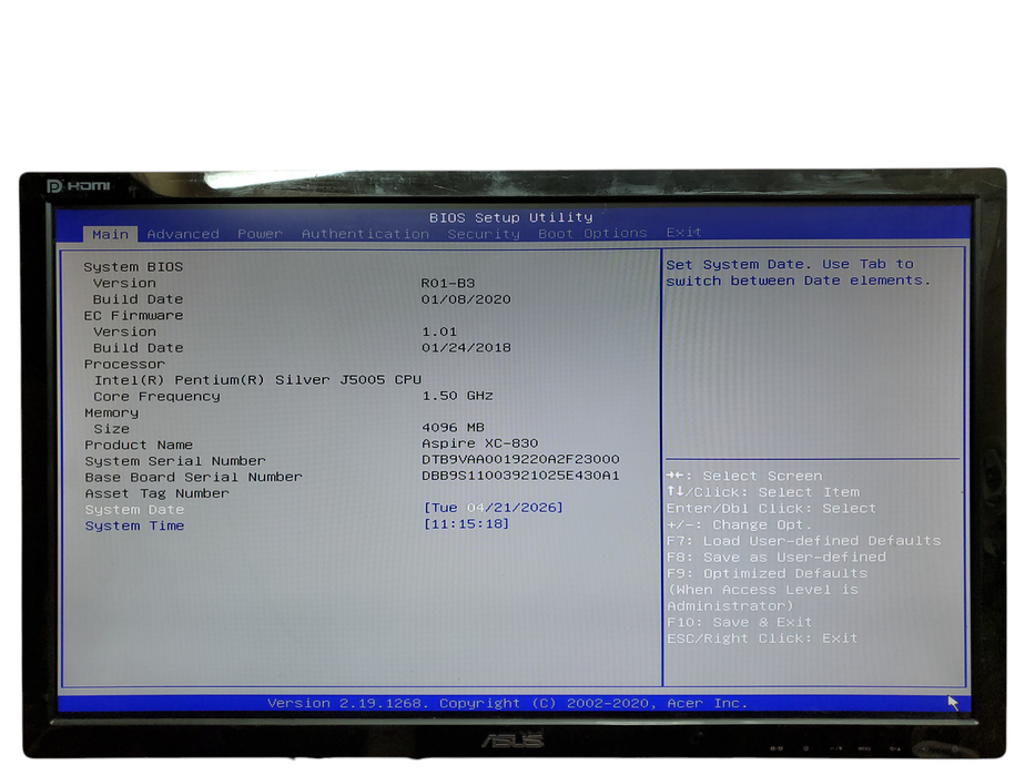 Acer Aspire XC-830, Intel Pentium Silver J5005, 4GB DDR4, No HDD, No OS