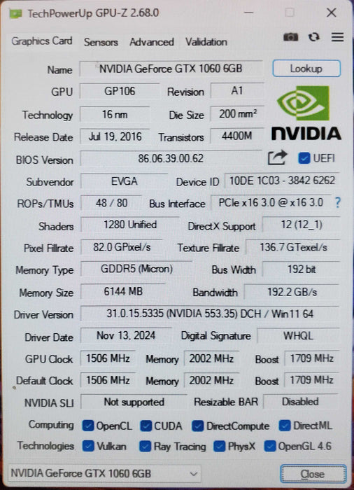 NVIDIA EVGA GeForce GTX 1060 6GB Graphics Card
