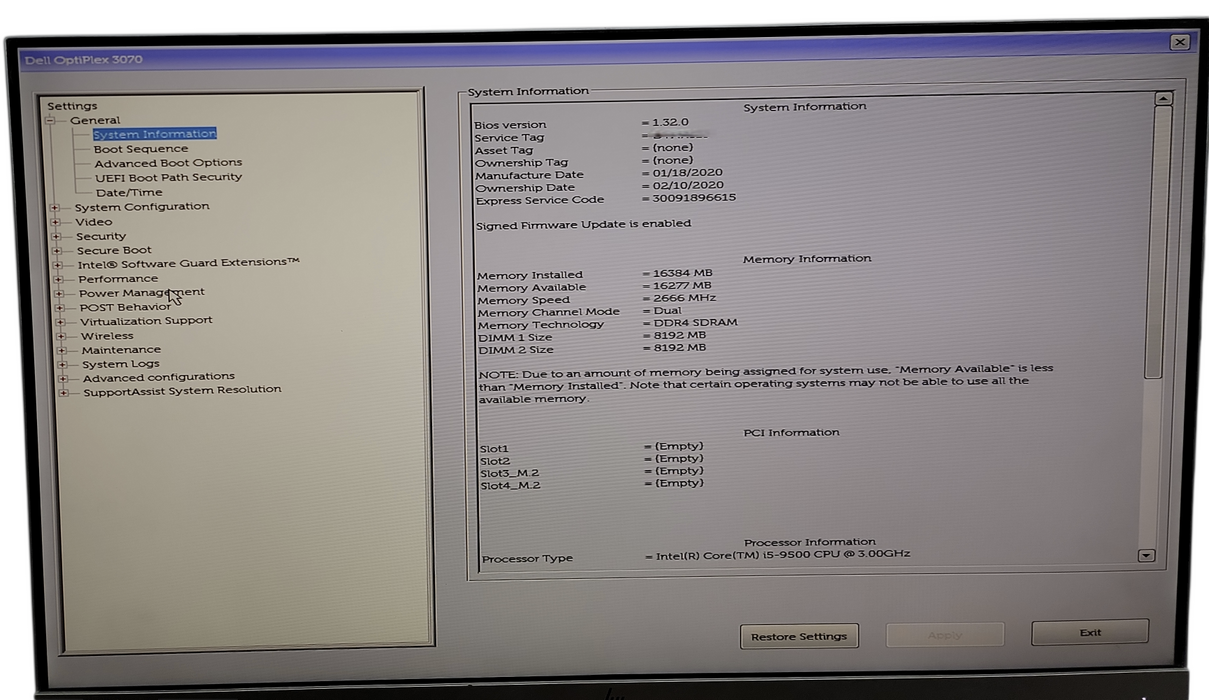 Dell OptiPlex 3070 SFF i5 - 9500 @ 3.00GHz 16GB DDR4 Ram | 256GB MVMe