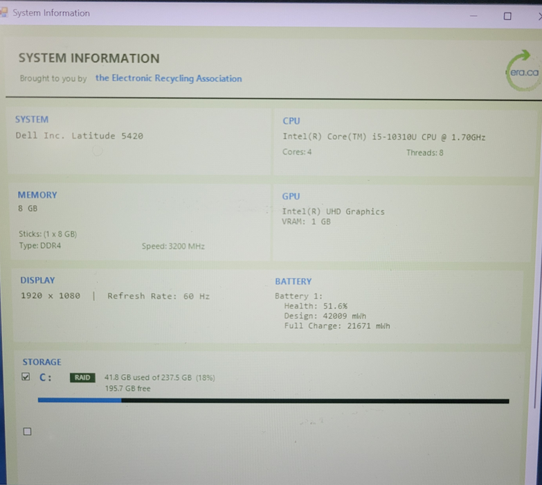 Dell Latitude 5420 i5-10210U @1.70GHz 8GB DDR4 256GB NVMe | READ   Lap200