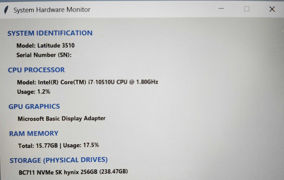 Dell Latitude 3510, i7-10510U @ 1.80GHz, 16GB DDR4, 256GB NVMe, AC Adapter  Lap200