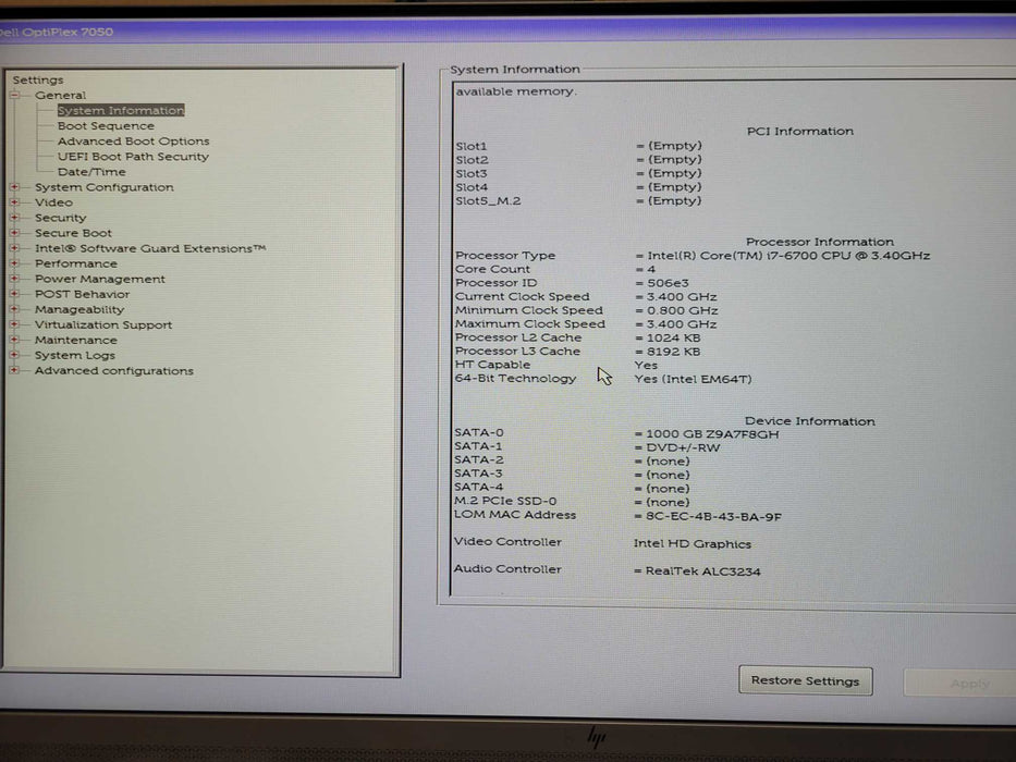 Dell OptiPlex 7050 PC Core i7-6700 3.40GHz, 8GB DDR4 RAM, 1TB HDD, 240W PSU _