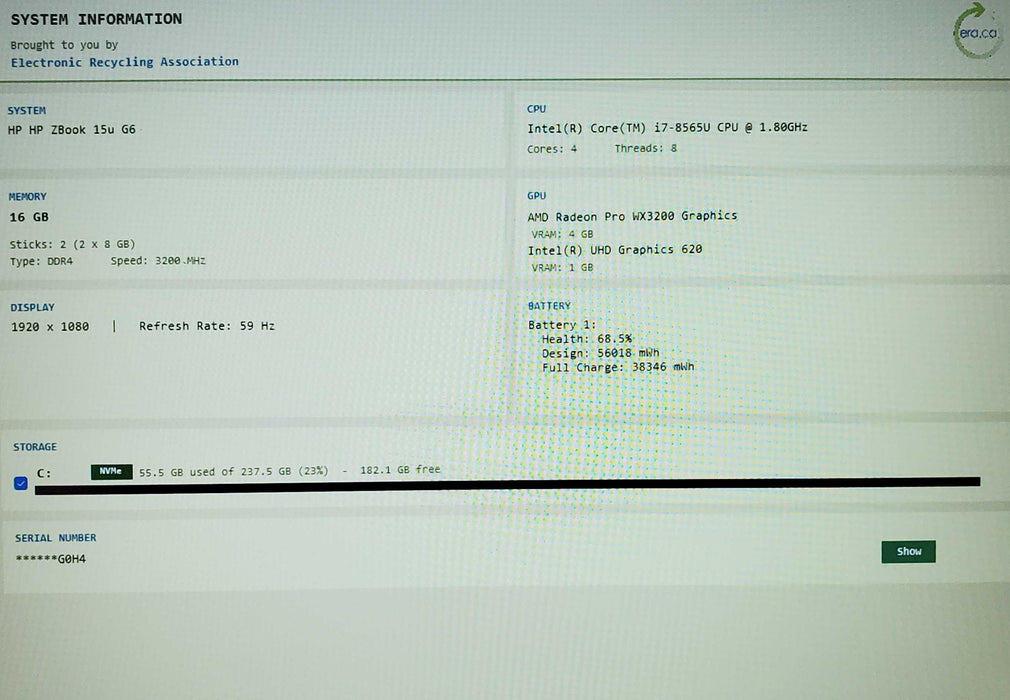 HP ZBook 15u G6 Core i7-8565U@1.80Gh 16GB RAM 256GB SSD AMD WX3200 4GB  Lap200