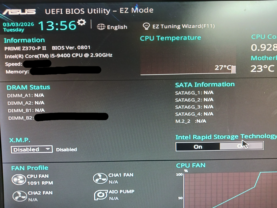 Asus Prime Z370-P II Motherboard & Intel i5-9400 CPU I/O Shield & Cooler Q