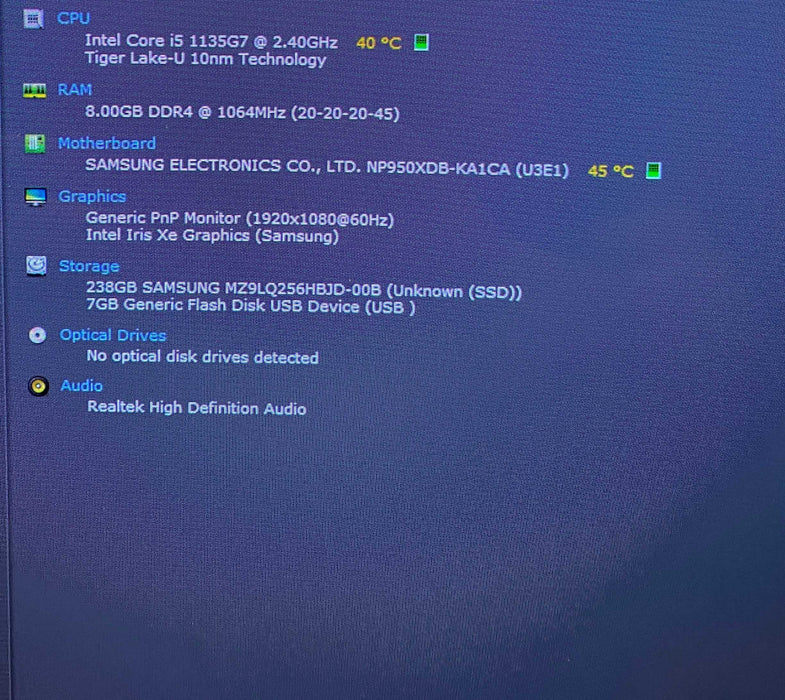 Samsung Galaxy NP950XDB Laptop Core i5-1135G7@2.40GHz 8GB RAM 256GB SSD  Lap200