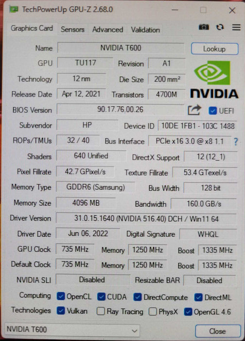 NVIDIA T600 4GB GDDR6 4x Mini DP Graphics Card, Low Profile bracket _