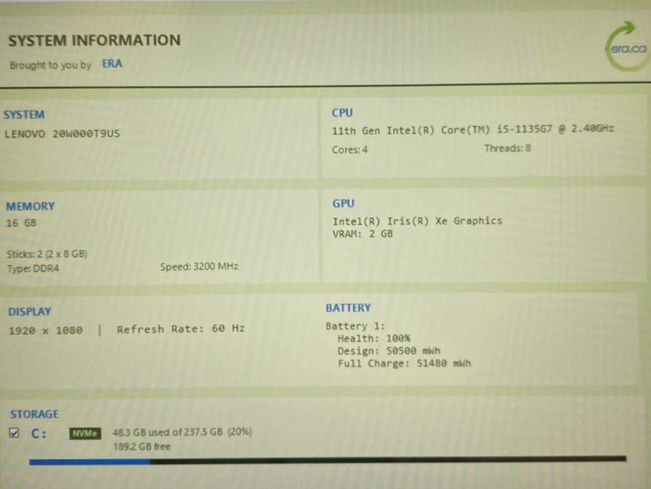 Lenovo ThinkPad T14 Gen 2 Core i5-1135G7@2.40GHz 16GB RAM 256GB SSD  Lap200