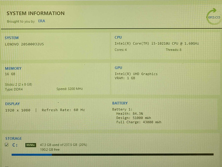 Lenovo ThinkPad T14 Gen 1 Core i5-10210U@1.60GHz 16GB RAM 256GB SSD  Lap200