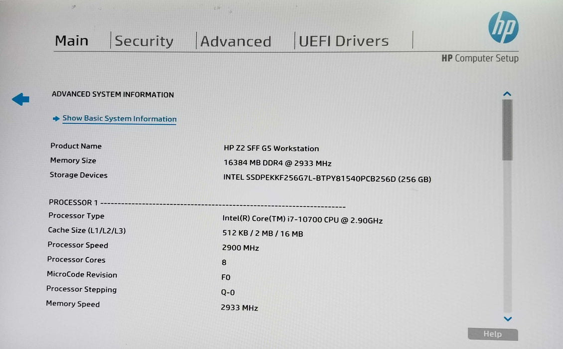 HP Z2 SFF G5 Workstation Core i7-10700 CPU 2.90GHz, 16GB RAM 256GB NVMe