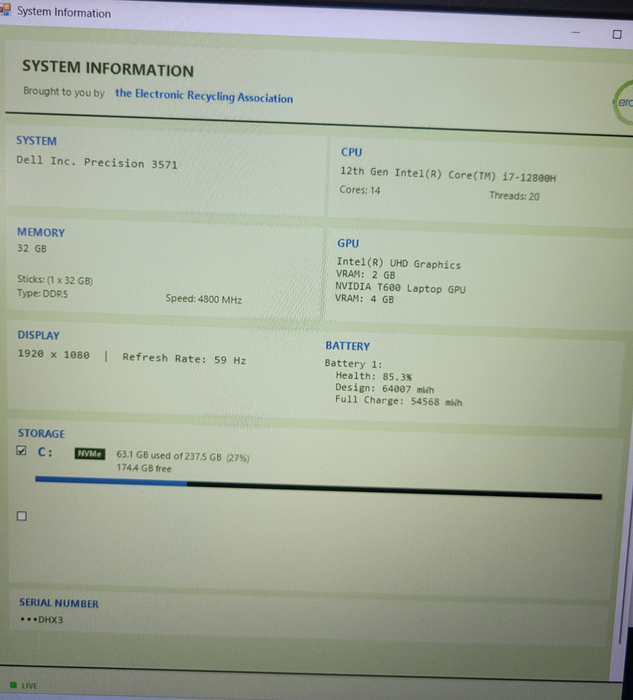 Dell Precision 3571 i7-12800H @ 2.40GHz 32GB DDR5 256GB NVMe  Lap200