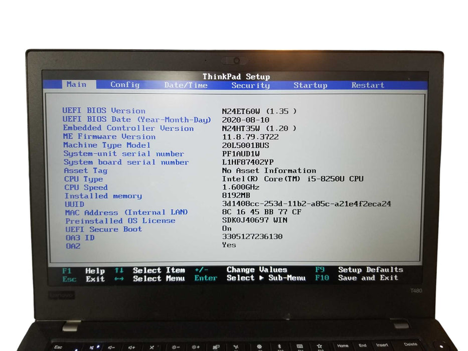Lenovo ThinkPad T480, Core i5-8250U, 8GB RAM DDR4, 128GB SSD  Lap200