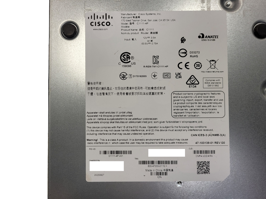 Cisco ISR 1100 Series C1111-4P V01 Services Integrated Router No AC Q$