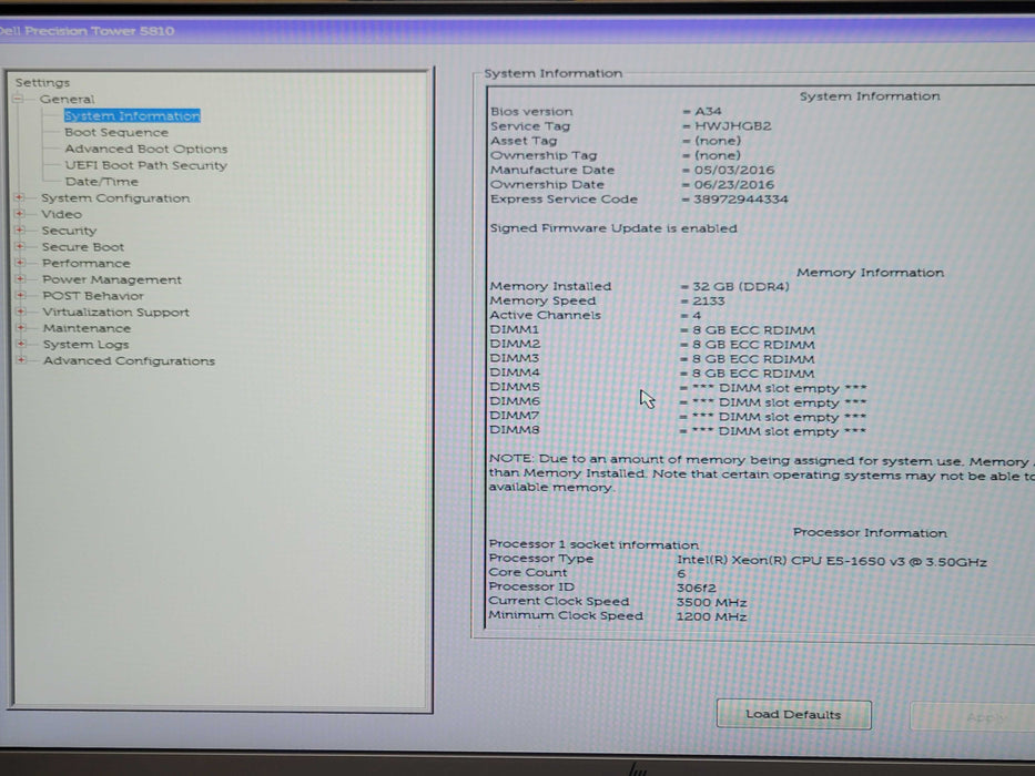 Dell Precision T5810, Xeon E5-1650 v3 3.50GHz, 32GB DDR4 NO HDD 685W PSU Q_