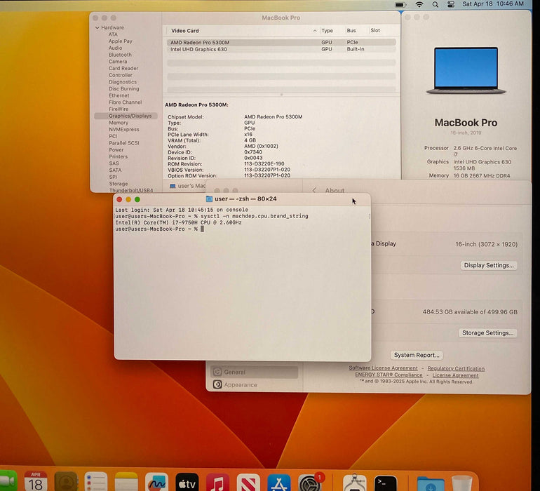 Apple MacBook Pro 16" 2019 i7-9750H Radeon Pro 5300M 16GB RAM 512SSD READ!