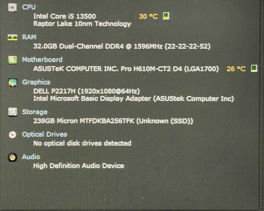 Custom PC, ASUS PRO H610M-CT2 D4, Intel i5-13500, 32GB DDR4, 256GB NVMe