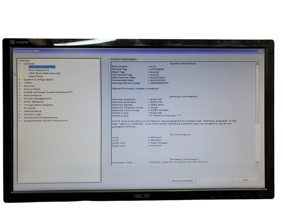 Dell Inspiron 3880 Tower, i3-10100, 8GB DDR4, 256GB NVMe, No OS