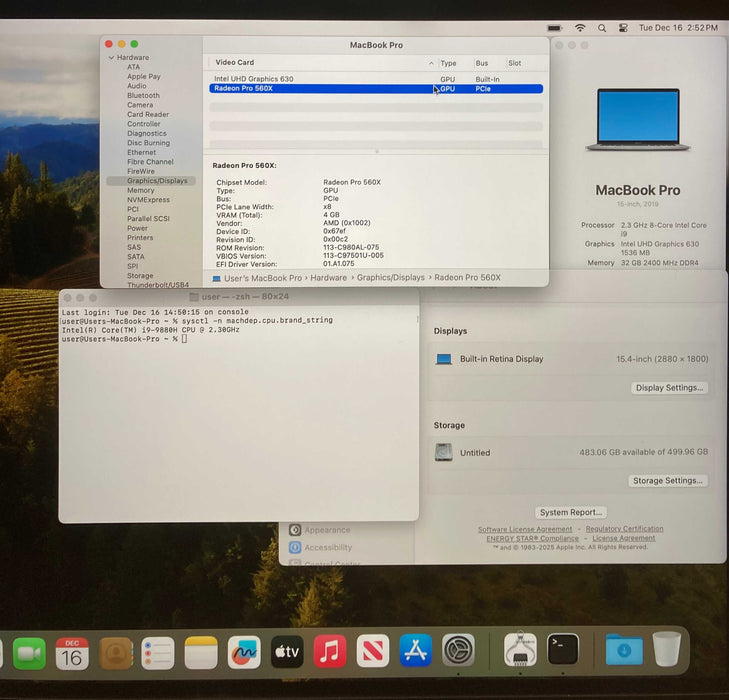 Apple MacBook Pro 15 2019 i9-9880H 32GB 512SSD Radeon Pro 560X GPU READ!