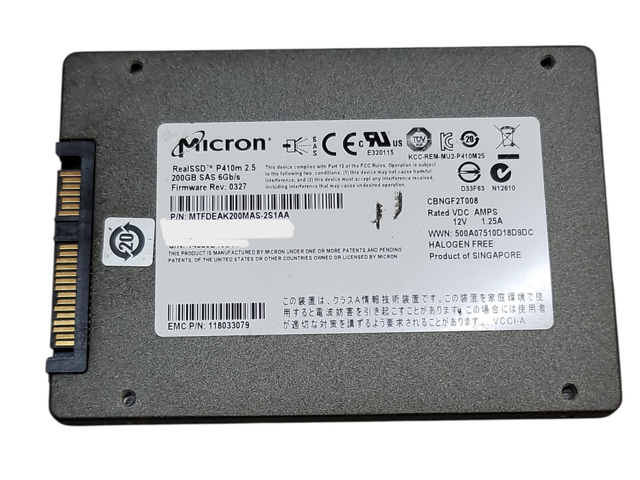 Lot 10x 200GB SAS 2.5" 7mm 6Gb Micron P410m EMC SSD - MTFDEAK200MAS-2S1AA Q+