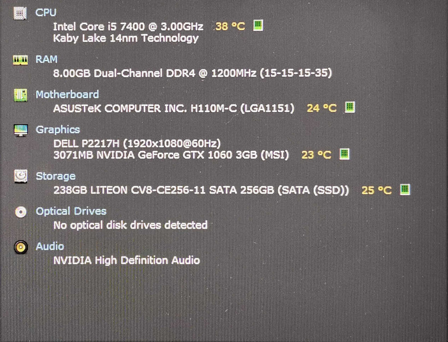Custom PC, ASUS H110M-C, i5-7400 3.00GHz, 8GB DDR4, 256GB SSD, GTX1060