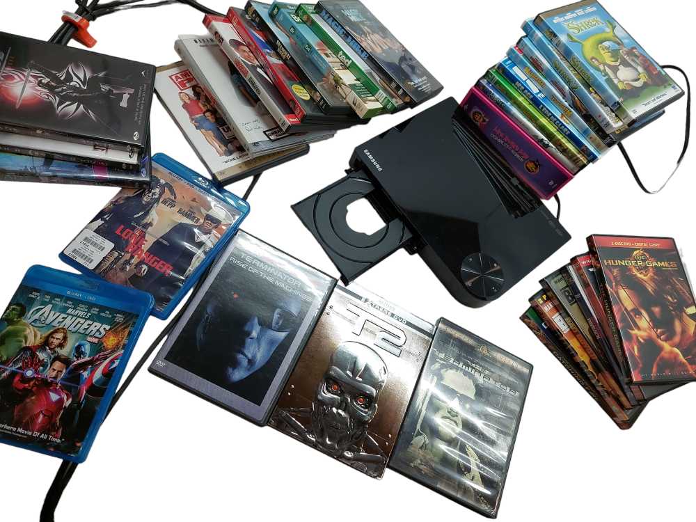 Bundle of 31 DVDs & 2 Blu-Rays & Samsung Blu-Ray Player Model: BD 