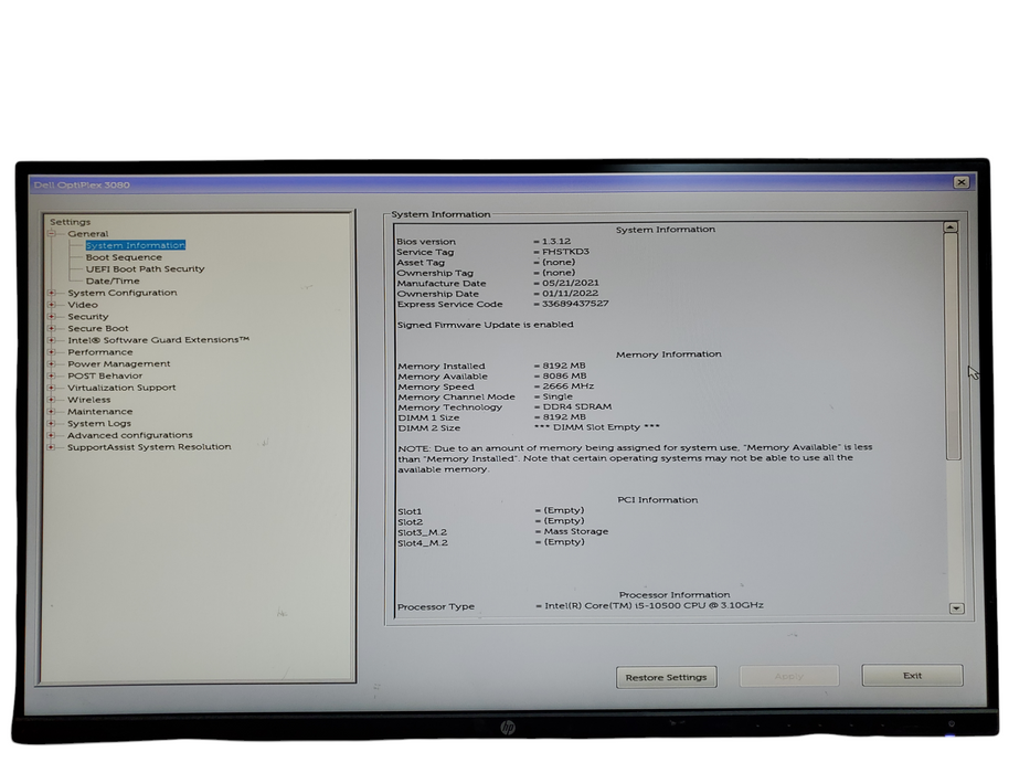 Dell OptiPlex 3080 SFF, i5-10500, 8GB DDR4, 256GB NVMe, No OS