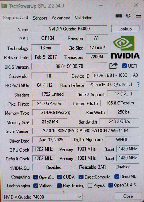 NVIDIA Quadro P4000 8GB GDDR5 Graphics Card | 4xDisplay Port