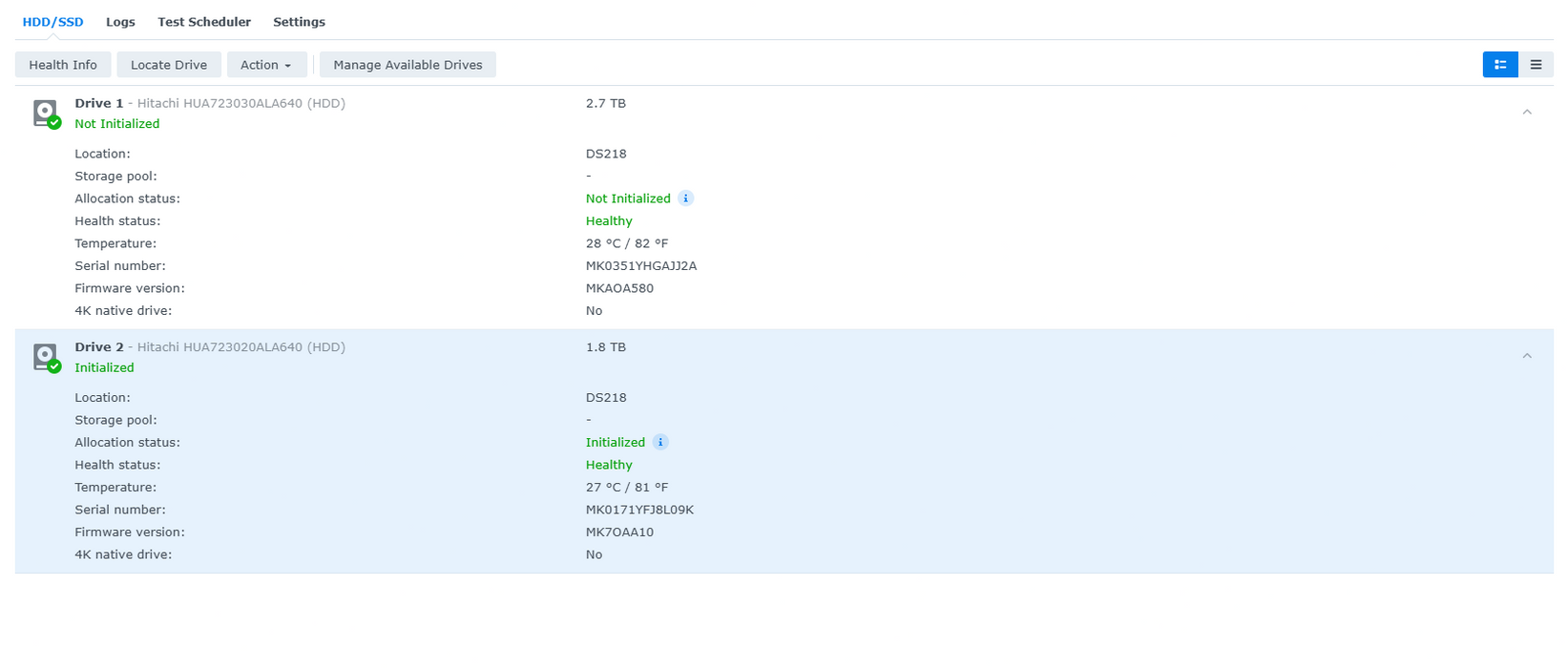 Synology DiskStation DS218+ 2 bays NAS, w/ 1x 2TB & 1x 3TB HDDs, No PWR