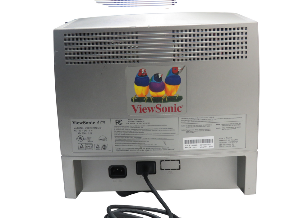 ViewSonic A72f VCDTS23125-3R 17 inch Flat Screen CRT Monitor Nice Silver -