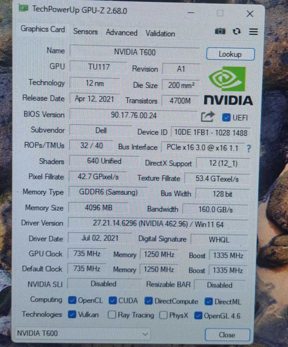 NVIDIA Quadro T600 4GB GDDR6 Graphics Card Full Height | 4x Mini DP )