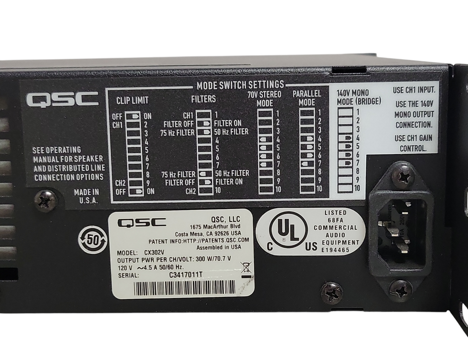 QSC CX302V 2 Channel 70V Power Amplifier, READ _