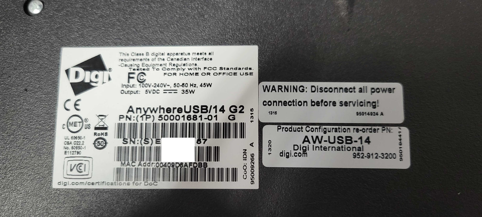 Digi AnywhereUSB/14 G2 50001681-01 Remote I/O Multi-Host Concentrator _