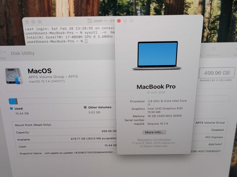 Apple Macbook Pro 2018 15" 6-Core i7-8850H @ 2.6GHz 16GB DDR4 500GB SSD GPU (